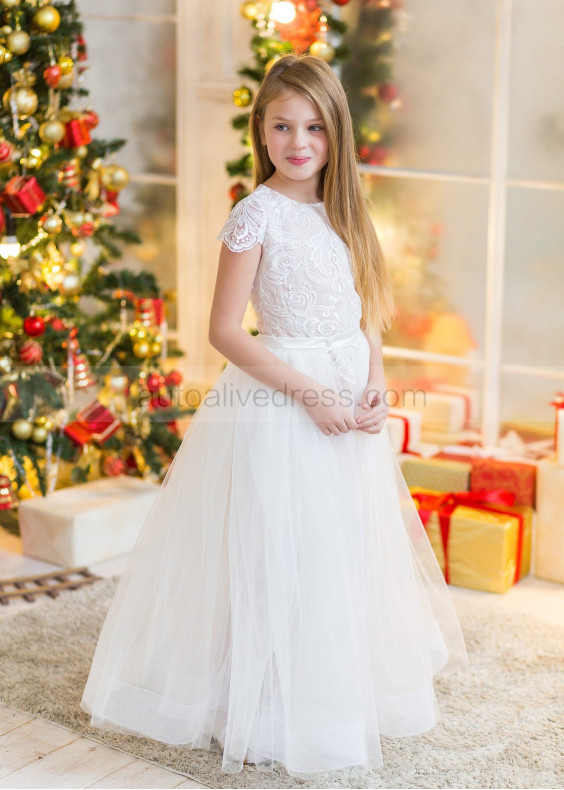 Two Piece Ivory Lace Tulle Floor Length Flower Girl Dress